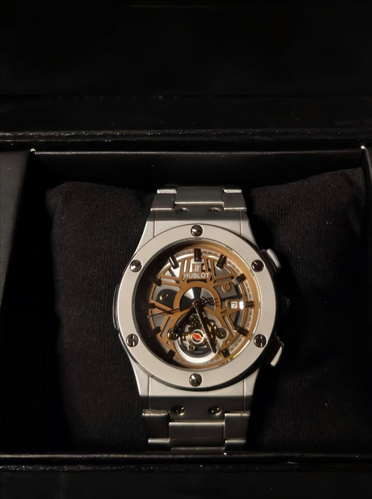 "Hublot-Style Open Heart Stainless Steel Watch with Date Display β Silver & Rose Gold Dial"